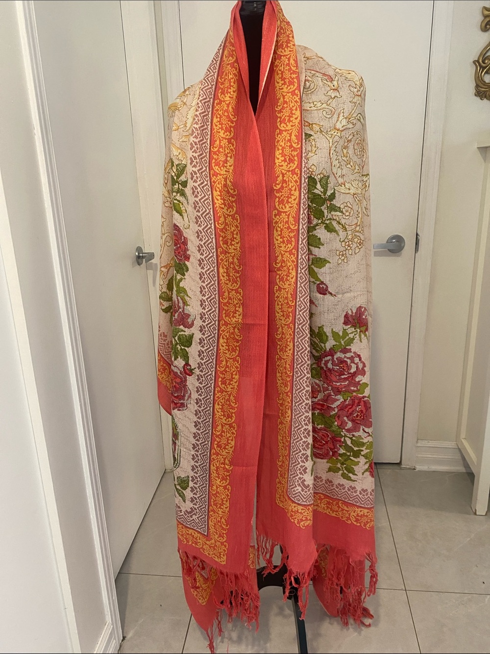 Floral Embroidered Coral/Red/Cream Rectangle Babushka Shawl/Wrap L:92” W:43”